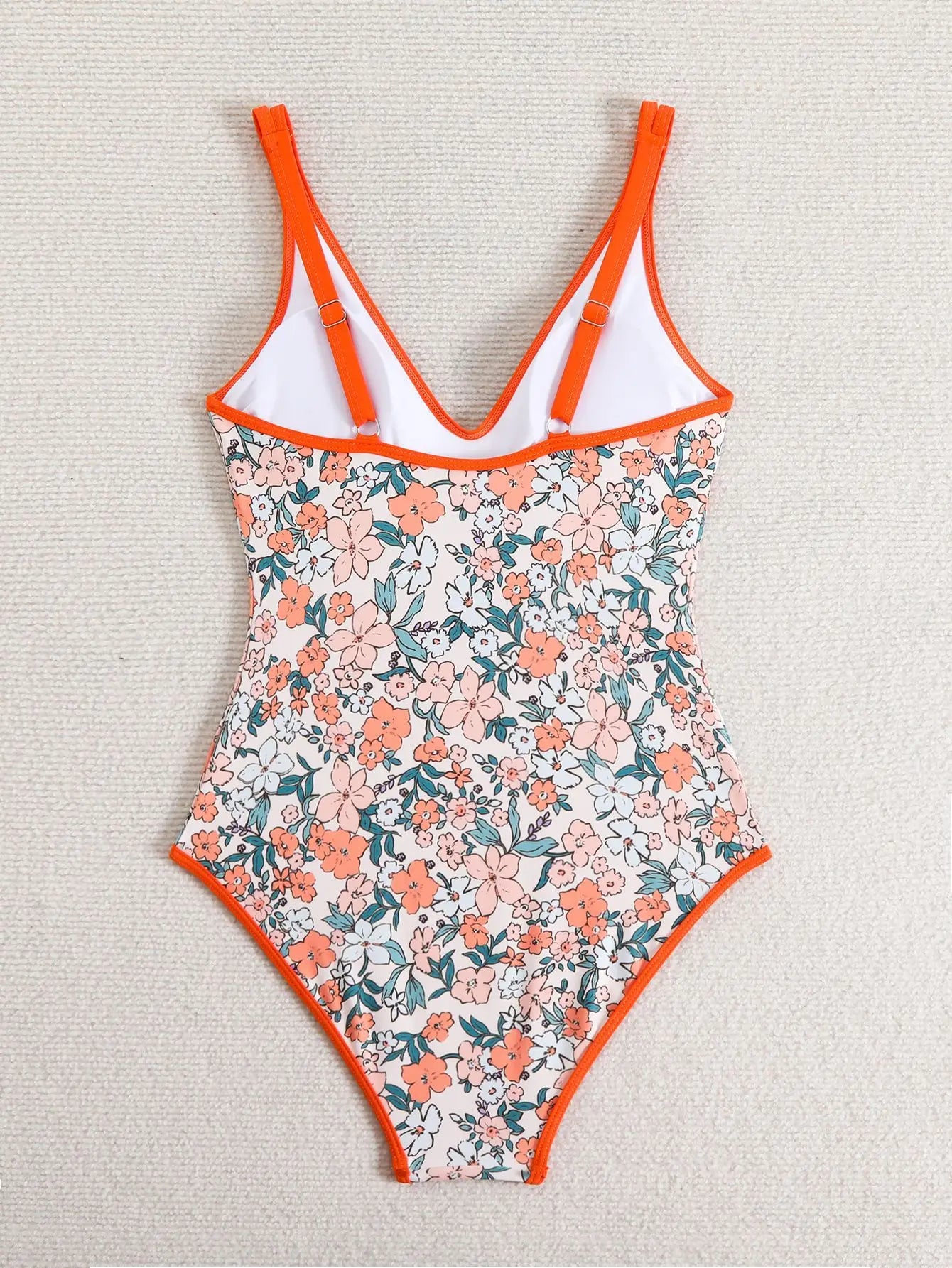 One Piece Swimsuit For Women Orange Floral printed Swimwear Female Bodysuit Monokini Beachwear Backless Bathing Suit