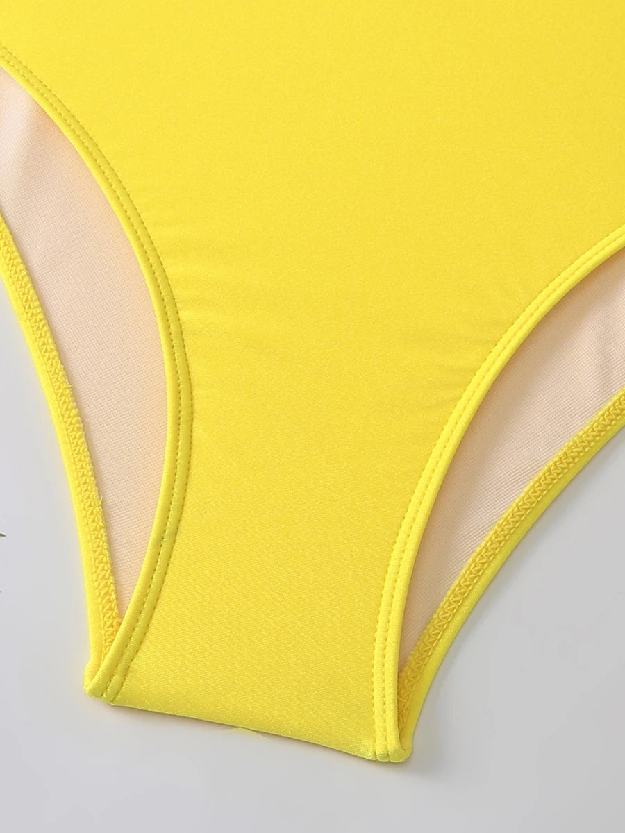Solid Asymmetric Swimsuit Women One Piece Yellow Swimwear Female Beachwear Bathers Bathing Swimming Swim Suit