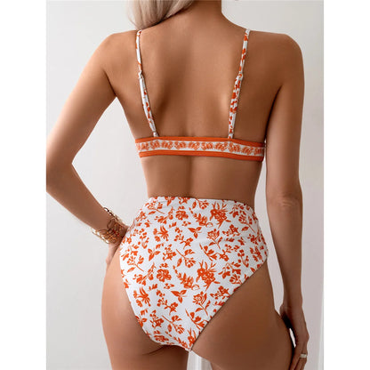 Flowers Printed High Cut Mid Waist Bikini Female Swimsuit Women Swimwear Two-pieces Bikini set Bather Bathing Suit Swim
