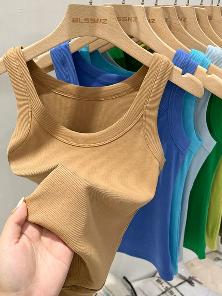 Women Solid Round Neck Ribbed Tank Top Camisole Women  Elastic Tank Top O Neck Solid Tank Top