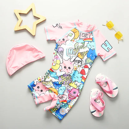 Baby Swimsuit UPF50 UV Protection Kids Swimwear for Girls Long Sleeve Bathing Suit Toddler One-Piece Cartoon Infant Beachwear