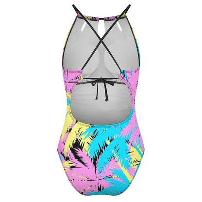 Neon Palm Trees Swimsuit Plant Print Swimwear One Piece Beach Swimsuits Sleeveless Bathing Suits Women Push Up Beach Wear