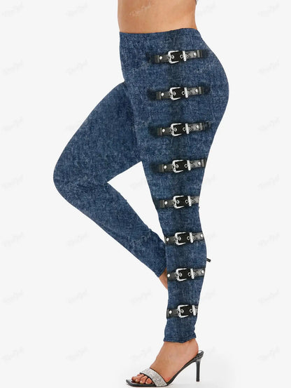 ROSEGAL 5XL Women's Plus Size Leggings Gothic 3D Zipper Buckles Printed Pencil Pants Oversized High Waist Skinny Trousers Mujer
