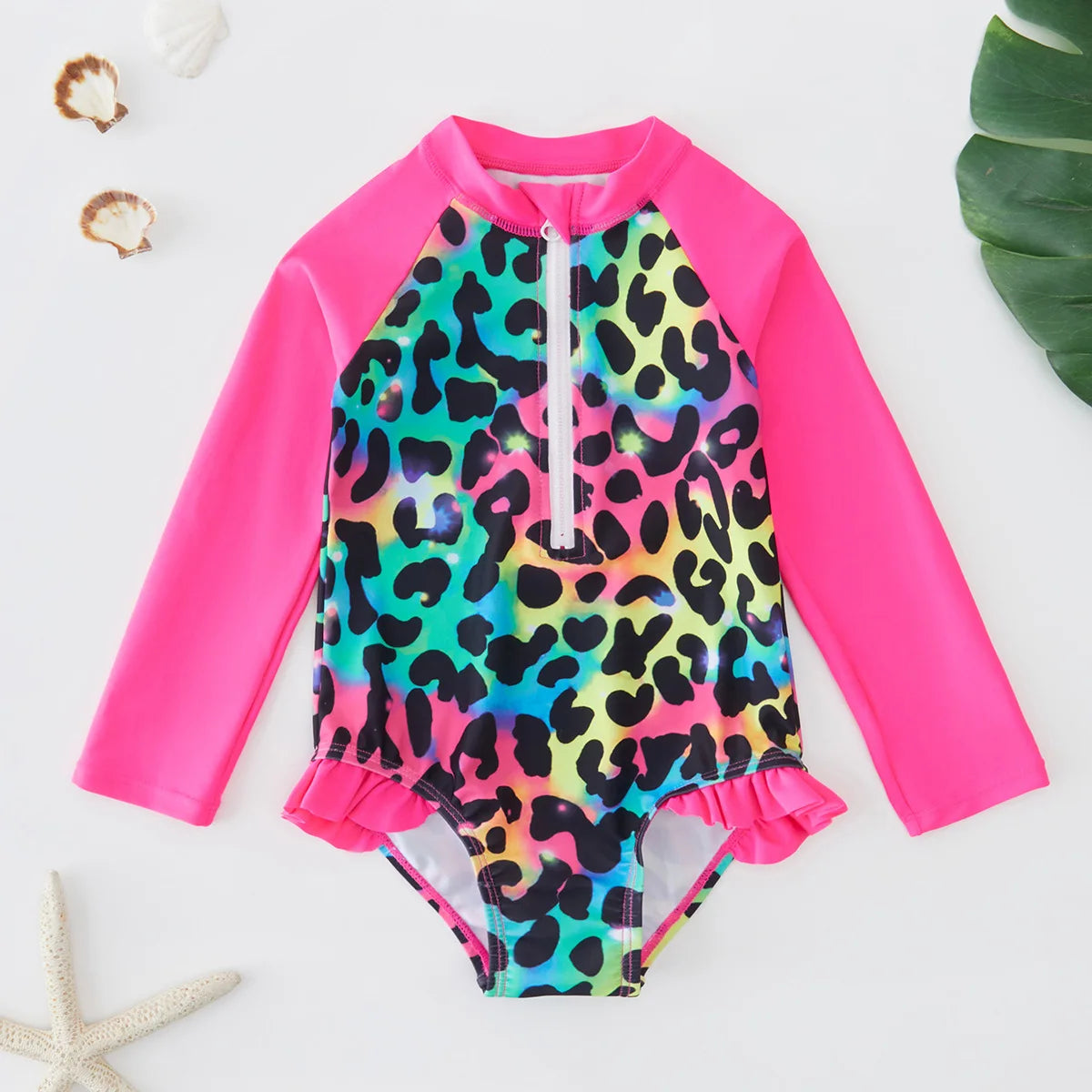 Girls Swimsuit Long Sleeves One Piece Swimwear for Kids Toddler Leopard UPF50+ Rash Guards Infant Bathing Suit