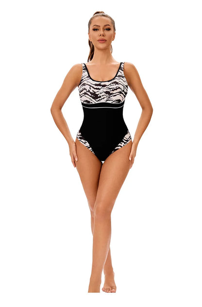 Black & White Print One Piece Swimsuit Women's Patchwork Monokini  U-neck Suspender Backless Beach Vacation Swimwear