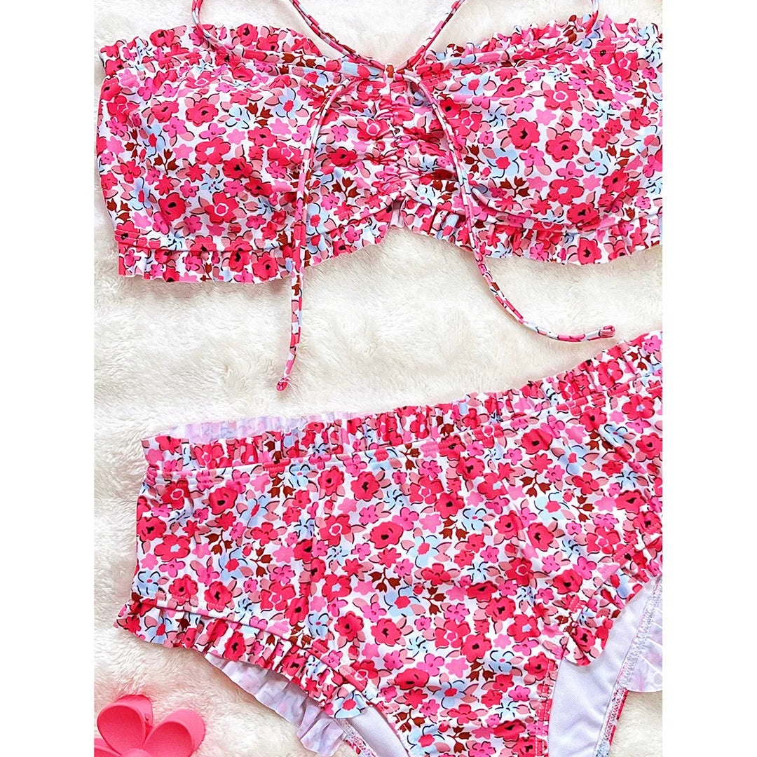 Flowers Printed Bandeau Female Swimsuit High Waist Bikini Women Swimwear Two-pieces Bikini set Bather Bathing Suit Swim