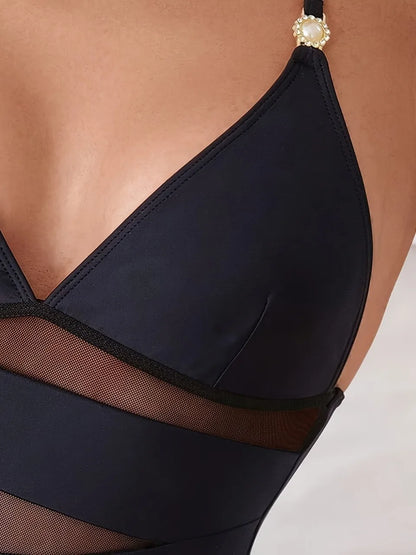 Halter String Swimwear Women One Piece Hollow Mesh Swimsuit Backless Bodysuit Female Bathing Swimming Suit Padded Beachwear