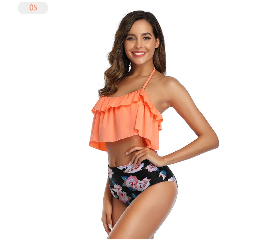 Swimwear Women Halter Ruffle Bikinis High-Waist Split Two-Piece Off Shoulder Swimsuit Pool Beachwear Bathing Suit Plus Size XXL