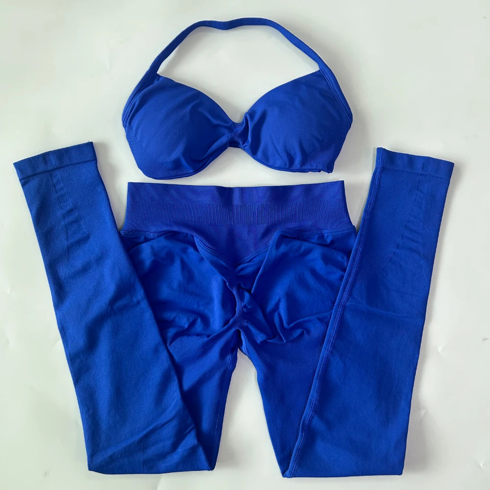 2 Pieces Set For Woman Strappy Yoga Bra Sports Top Workout Leggings Set Seamless Gym Set Fitness Clothes Outfit Activewear