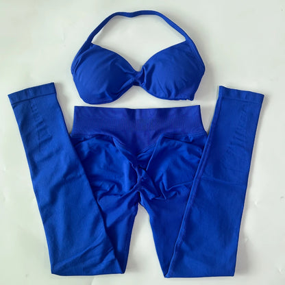 2 Pieces Set For Woman Strappy Yoga Bra Sports Top Workout Leggings Set Seamless Gym Set Fitness Clothes Outfit Activewear