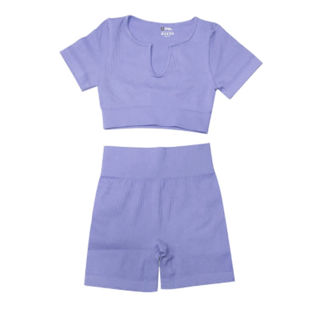 Ribbed Yoga Clothing Sets Women High Waist Shorts Short Sleeve Two Piece Set Seamless Tracksuit Fitness Workout Outfits Gym Wear