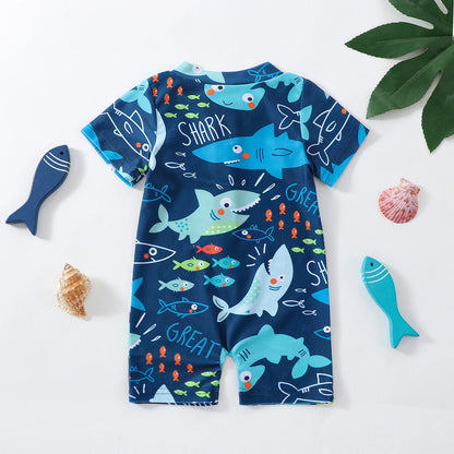Toddler Baby Boys Shark Printed Rush Guard Kids Cute Beachwear Short Sleeve Swimwear Zipper Jumpsuit Infant Swimsuit