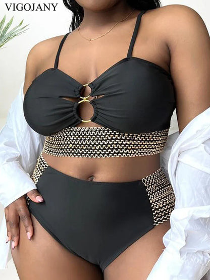Patchwork Hollow Two Piece Plus Size Bikini Women Strapped High Waist Swimsuit Brazilian Beach Lady Bathing Suit