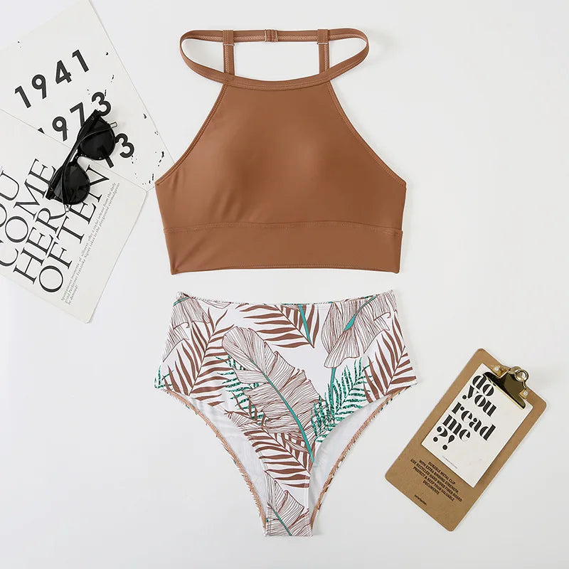 Leaf Print Design Swimwear Women One Piece Swimsuit Bathers