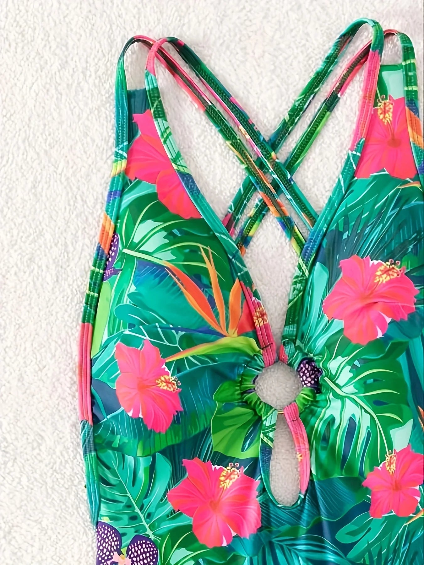 Tropical Print One-piece Swimsuit Bikini Set Ring-Linked Criss Cross Straps Backless Bathing Suit Women Swimwear Clothing