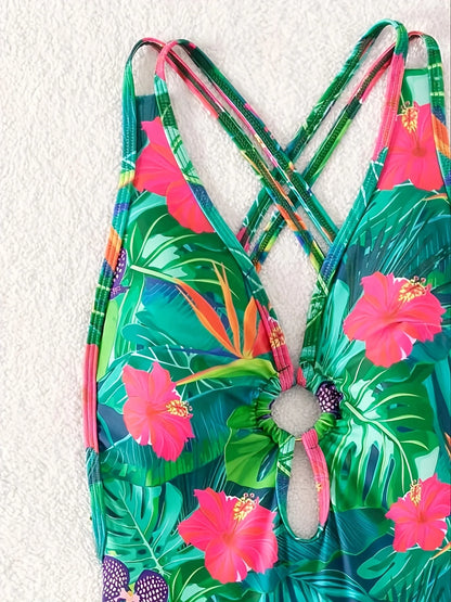 Tropical Print One-piece Swimsuit Bikini Set Ring-Linked Criss Cross Straps Backless Bathing Suit Women Swimwear Clothing
