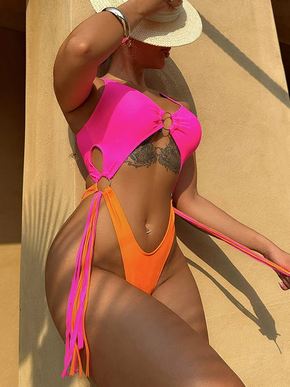 Splicing High Cut Out One Piece Swimsuit Women Tassel Swimwear Female Bathing Suit String Leopard Bikini Monokini Lady