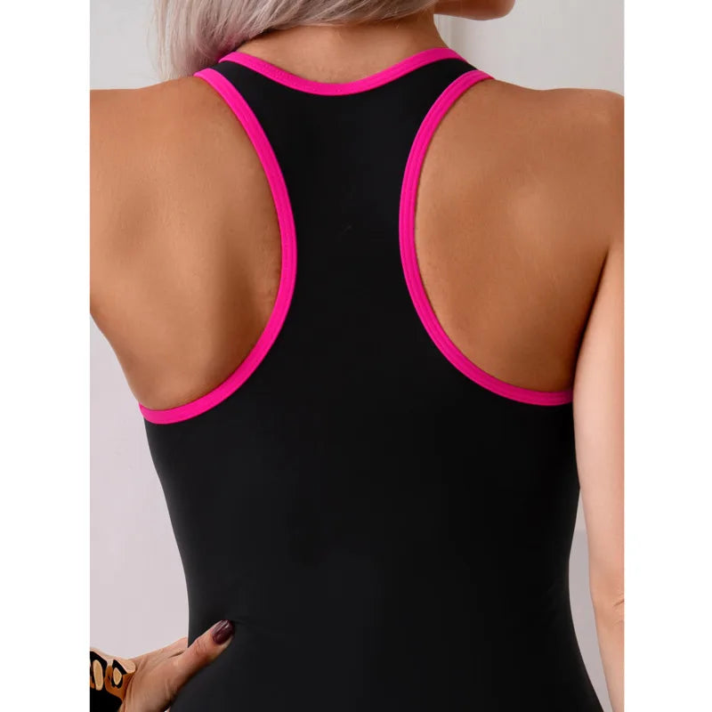 Black & Pink  Women's Zipper Swimsuits Closed One Piece Swimwear Sports Surfing Swim Wear Bodysuit Bathing Suits Beachwear Pool Bather