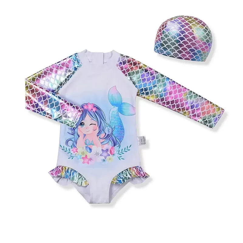 Toddler Baby Bathing Suit Girls Swimsuit One-Piece Rashguard for 2-10 Years UPF 50+ Anti UV Long Sleeve Swimwear for Children