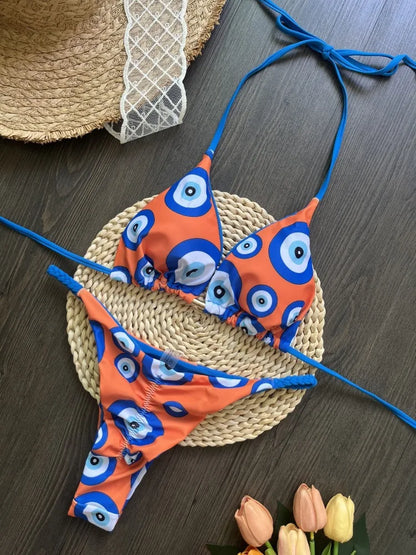 Bikini Set Women Swimsuit Printed Halter Lace Up Two-Piece Swimwear Backless Bathing Summer Fashion Female Beachwear
