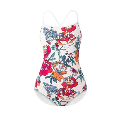 Women Vintage Racing One-piece Swimwear Sun Protection Professional Competition Flower Printed Swimsuit Training Bikini