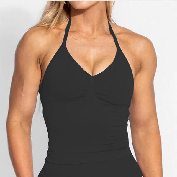 D-impact V Neck Gym Top Yoga Bra Longline Halter Women Seamless Sports Running Tank Fitness Workout Active Wear