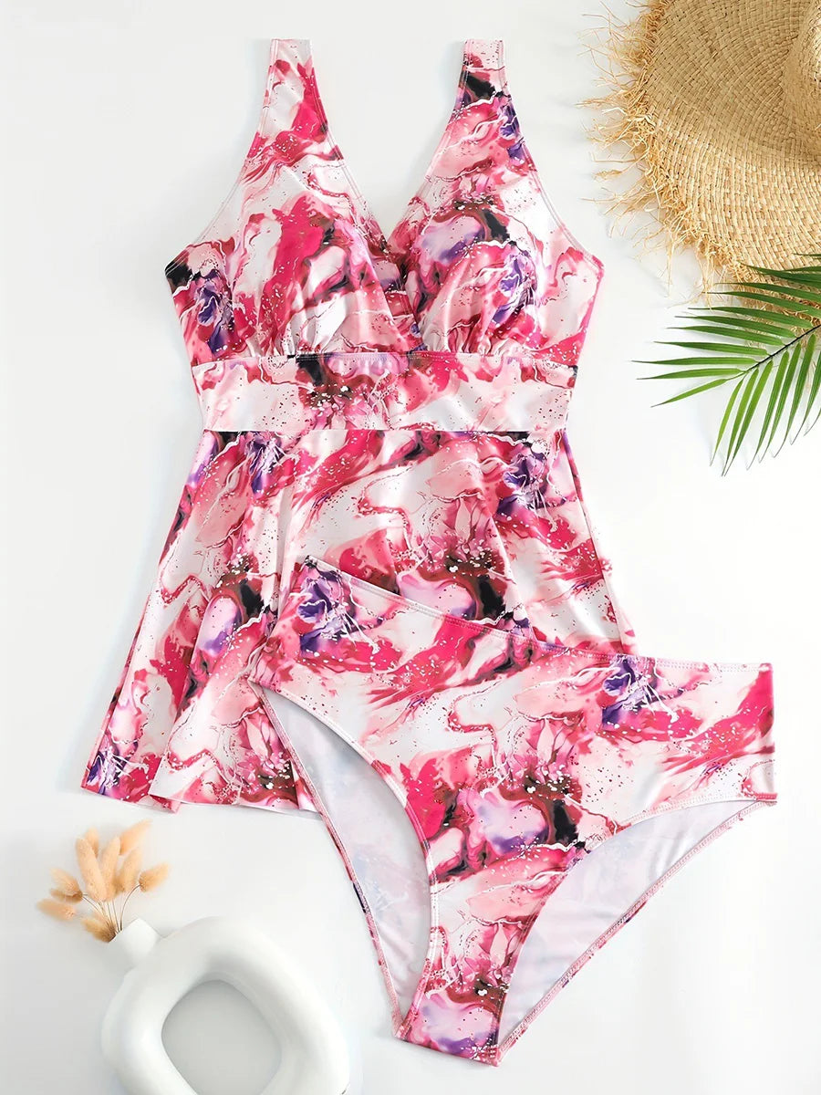 Large Plus Size Tankini Set Printed Two Pieces Swimwear Women Swimsuit Female High Waist Beachwear Bathing Swimming Suit