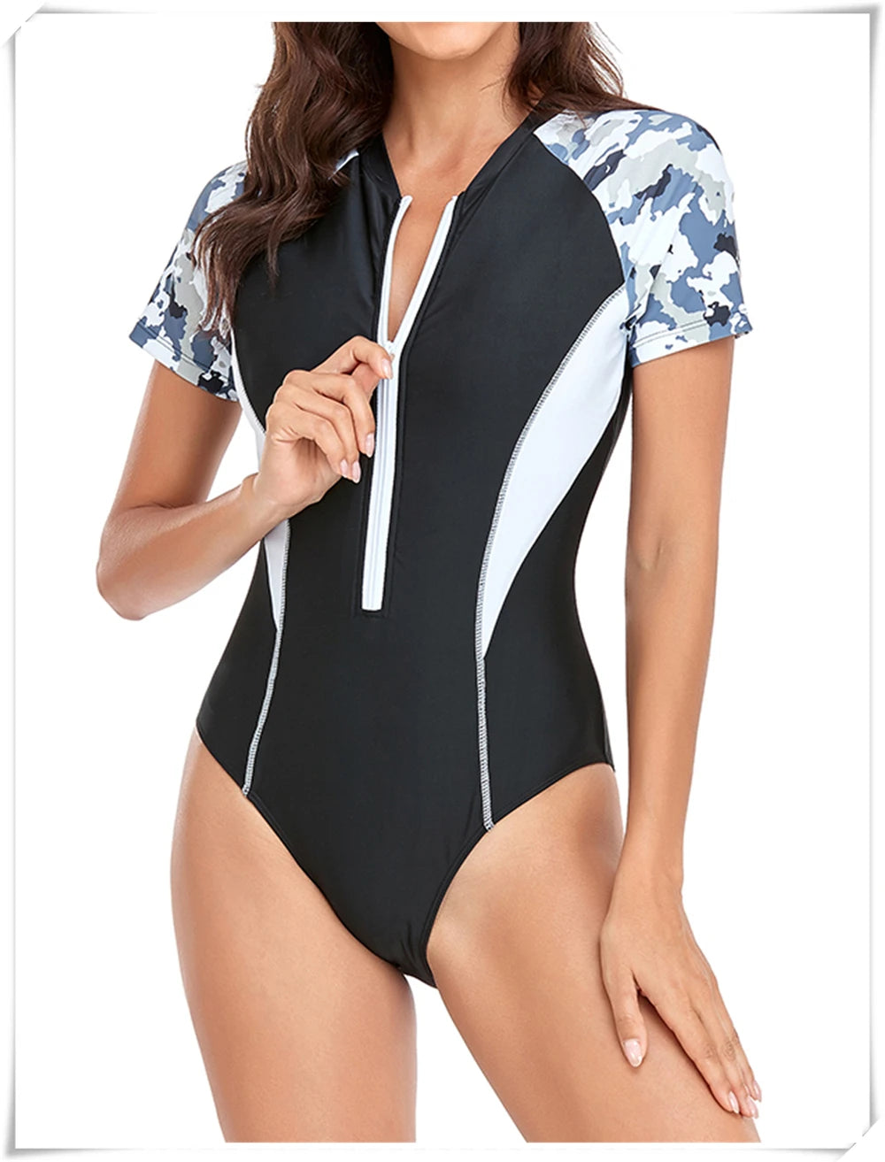 Short Sleeve Zipper One Piece Swimsuit Zebra Print Swimwear Women Diving Clothes Surfing Beachwear Bathing Swimming Suit