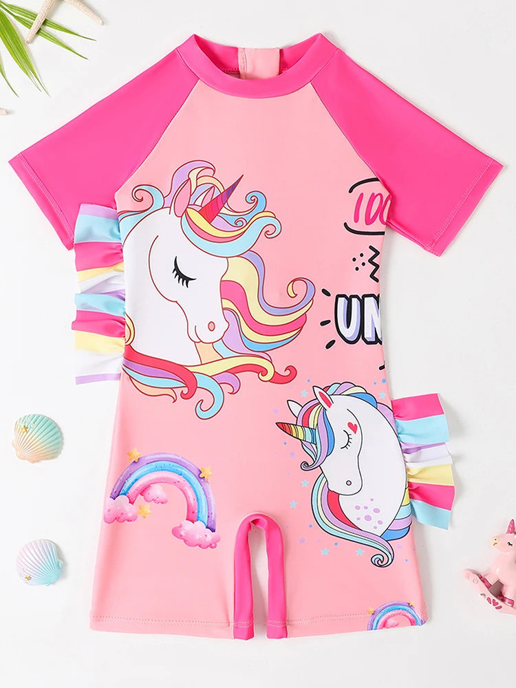 Girls Kids Swimsuit Rainbow Horse Siamese Short Sleeves Children Swimwear Summer One Piece Beach Bathing Suit Swimming