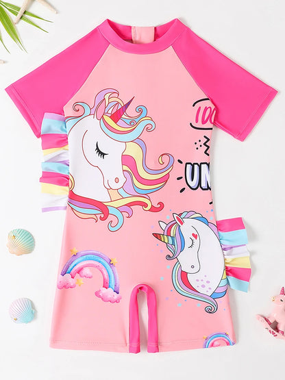 Girls Kids Swimsuit Rainbow Horse Siamese Short Sleeves Children Swimwear Summer One Piece Beach Bathing Suit Swimming