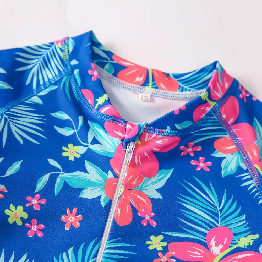 European And American Style Girls One-piece Swimsuit 4-12Years Kids Long Sleeves Broken Flowers Print Bathing Suit