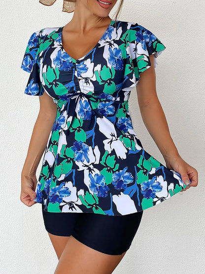 Printed Tankini Set Two Piece Swimsuit Women Tie Front Drawstring Swimwear Female Bathing Swimming Suit Beachwear Summer