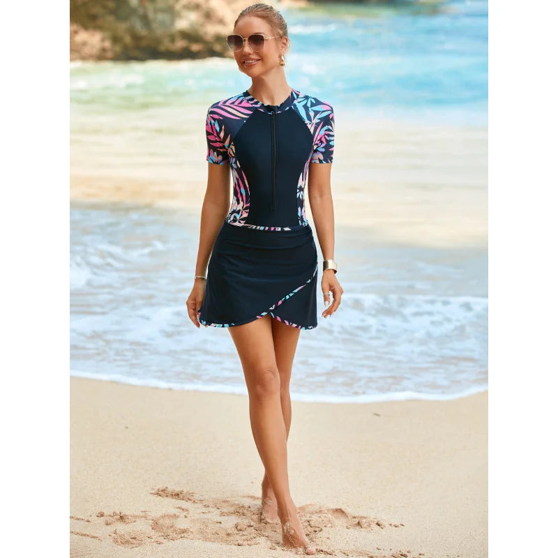 One-piece Zipper Sports Swimsuit Women Surfing Swimwear Boxer Skirt Conservative Bathing Suit