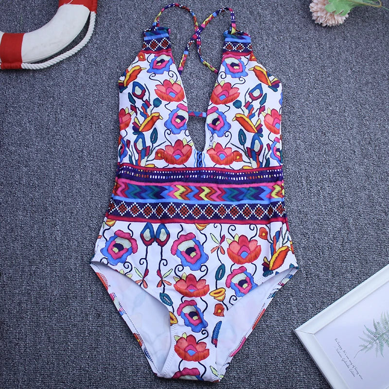 Women Vintage Backless One Piece Swimwear Woman Swimsuit Deep V Summer Beachwear Print Slimming Bathing Suit Femme