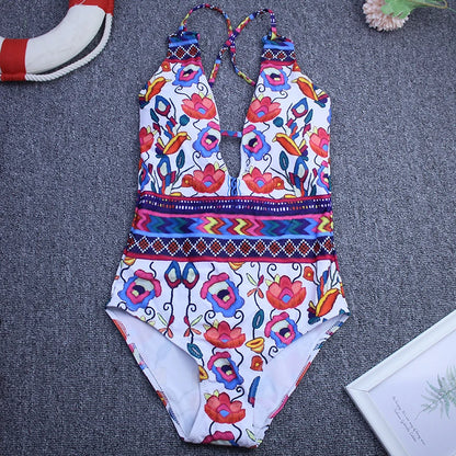 Women Vintage Backless One Piece Swimwear Woman Swimsuit Deep V Summer Beachwear Print Slimming Bathing Suit Femme