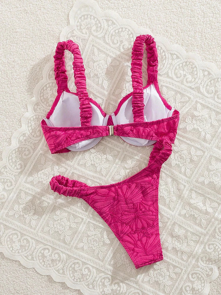 Rose Red Swimsuit Women Pleated Halter Beachwear Holiday Fashion Bikini Set Summer Female Two-piece Bathing Suit