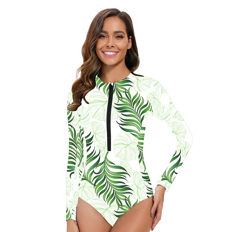 Color Block Color Patterns Long Sleeve Rash guard Women's  High-Cut One-Piece Swimsuit with UPF 50+ Protection