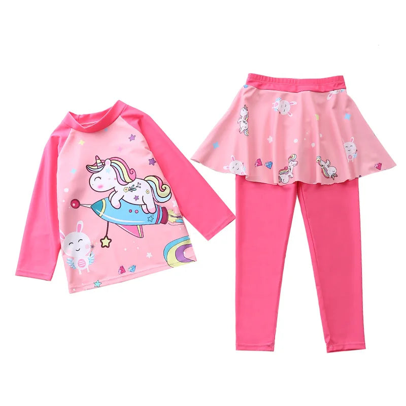 Unicorn Mermaid Kids Swimwear for Girls Long Sleeve Rash guard Pants Leggings Modest Children's Swimsuit Bathing Suit Beach Wear