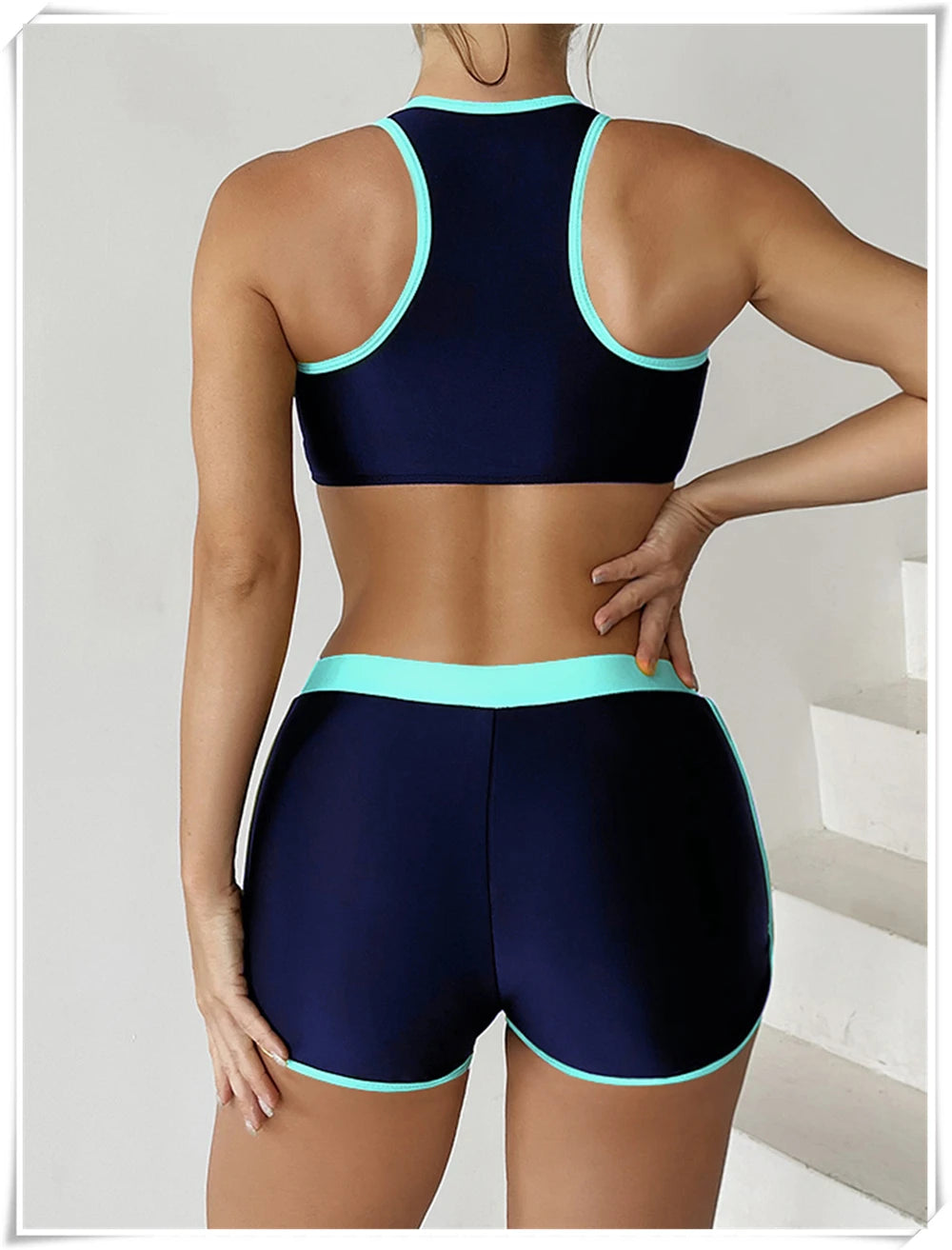 Two Piece Swimsuit Women Zipper Tankini Set High Waist Shorts Swimwear Female Bathing Swimming Suit Sports Beachwear Summer