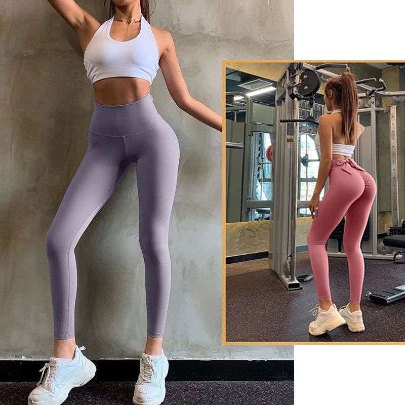 Bowknot High Waist Yoga Leggings Women's Fast Drying Butt Lifter Pants Seamless Tight Hem Workout Fitness Pilates Pants