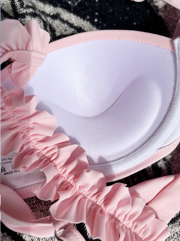 Pink Ruffle Bikini Women Push Up Swimsuit Female High Cut Solid Swimwear Beach Back Tied Bathing Suit Swim
