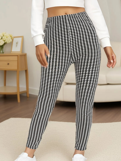 Plus Size Elastic Casual Leggings Sports Tight Pants Thousand Bird Plaid Comfortable Soft Breathable Cropped Pants