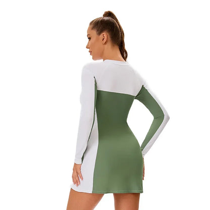 Woman Tankini Color Block Long Sleeve Two-Piece Swimsuit - Modest Skirted Beachwear Swimwear Bathing Suit Women