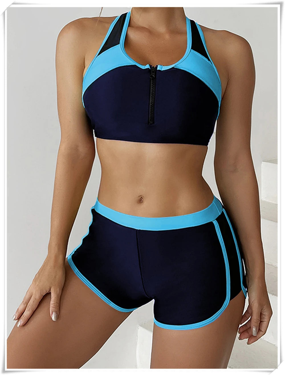 Two Piece Swimsuit Women Zipper Tankini Set High Waist Shorts Swimwear Female Bathing Swimming Suit Sports Beachwear Summer