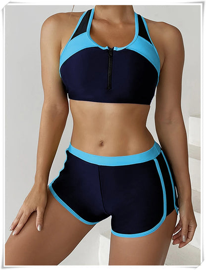 Two Piece Swimsuit Women Zipper Tankini Set High Waist Shorts Swimwear Female Bathing Swimming Suit Sports Beachwear Summer