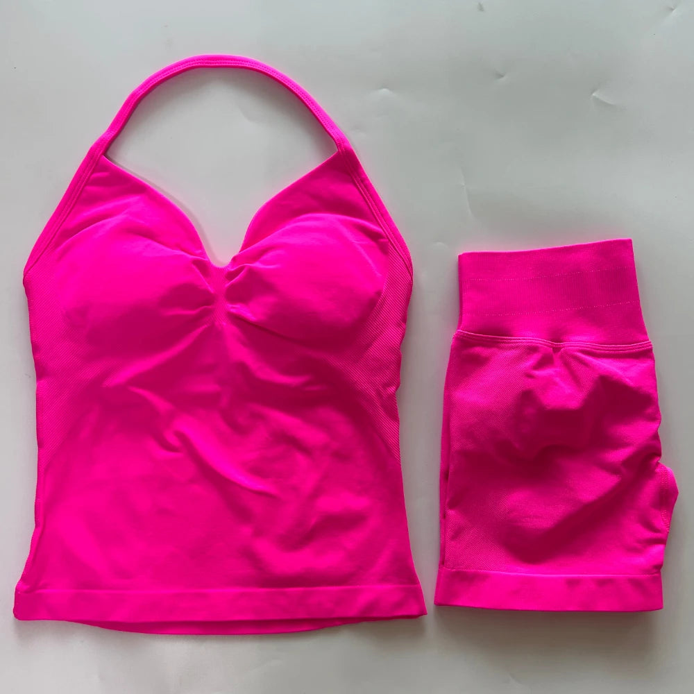 2Pcs Gym Set Women Backless Tank Tops High Waist Scrunch Seamless Shorts Gym Suit Fitness Clothes Activewear Workout Set