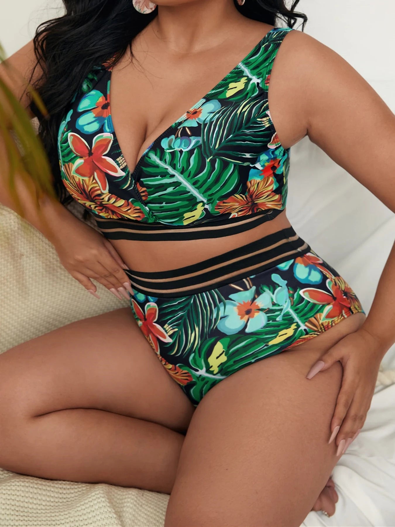 Large Floral Print Swimwear Women Plus Size V Neck Separate Swimsuit 2 Piece High Waist Bikini Set Bathing Suit