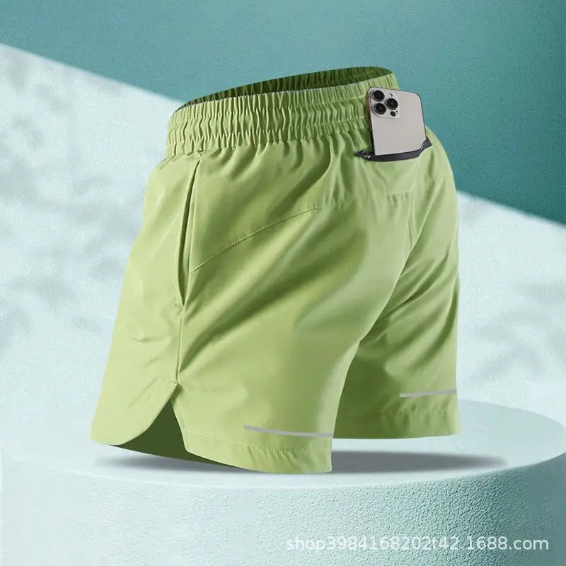 Mens Ice Silk Running Shorts Quick Dry Marathon Three Quarter Length With Phone Pocket Summer Professional Sports Shorts