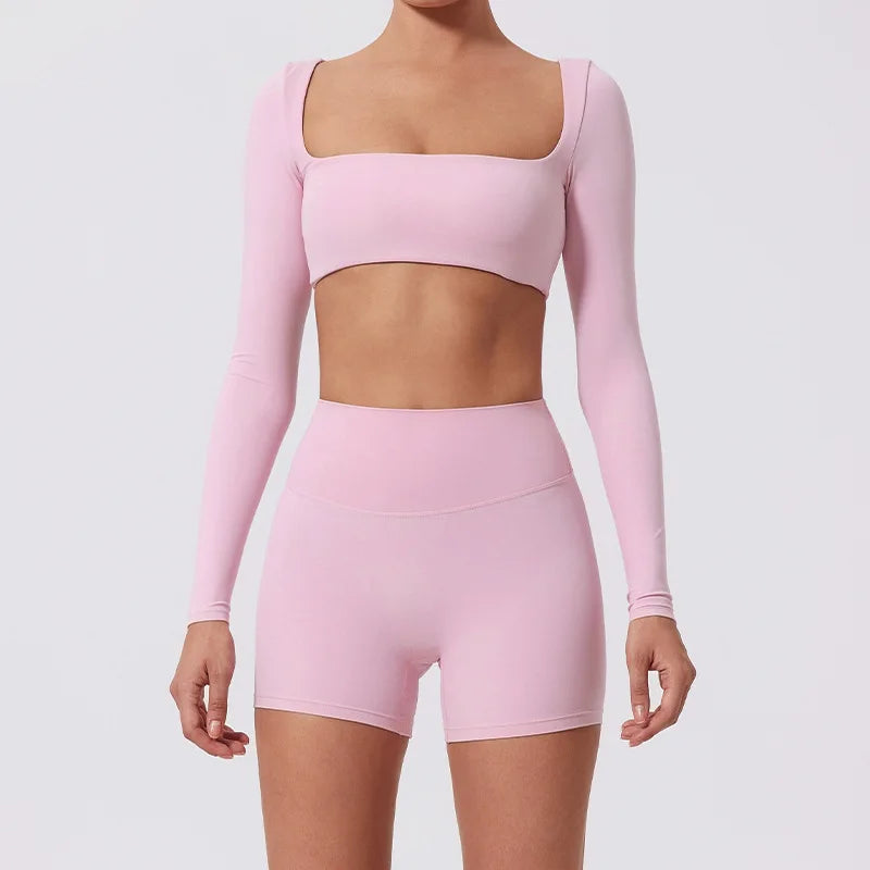Yoga Clothes 2PCS Gym Set Sports Shorts Set Women Long Sleeved High Waist Shorts Fitness Suit Running Workout Tracksuit