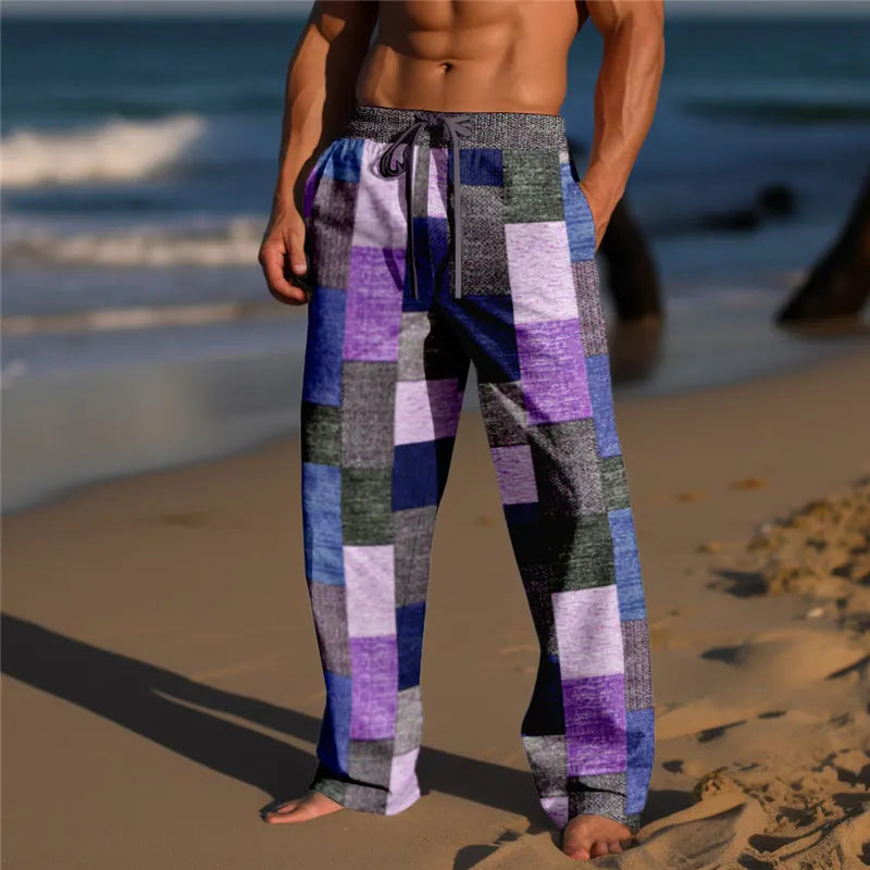 Plaid Color Block Men's Resort 3D Printed Casual Pants Trousers Elastic Waist Fit Straight-Leg Pant Summer Beach Pants 5XL
